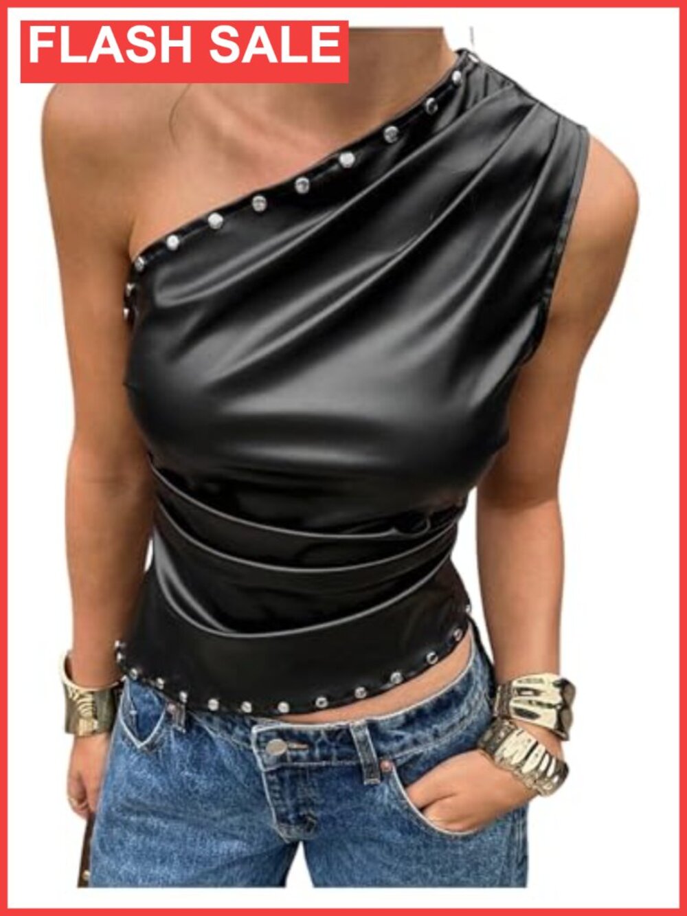 Faux Leather Studded One Shoulder Asymmetrical Tank Top Y2K Gothic Punk Slim Fit